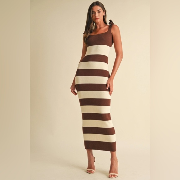Endless Blu Dresses & Skirts - Endless Blu Shoulder Tie Stripe Sweater Knitted Midi Dress